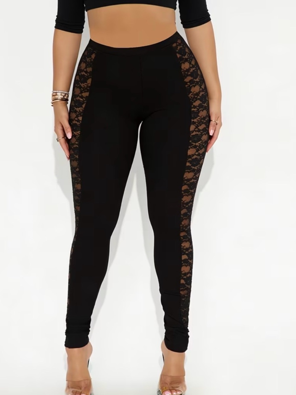High-Waist Black Lace-Inset Leggings